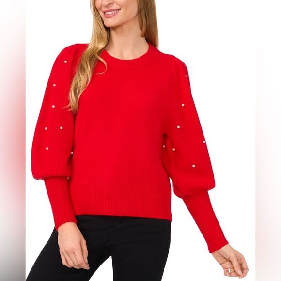 CeCe Women's Embellished-Sleeve Pearl Crewneck Sweater in Bright Cherry - Medium - Picture 1 of 8